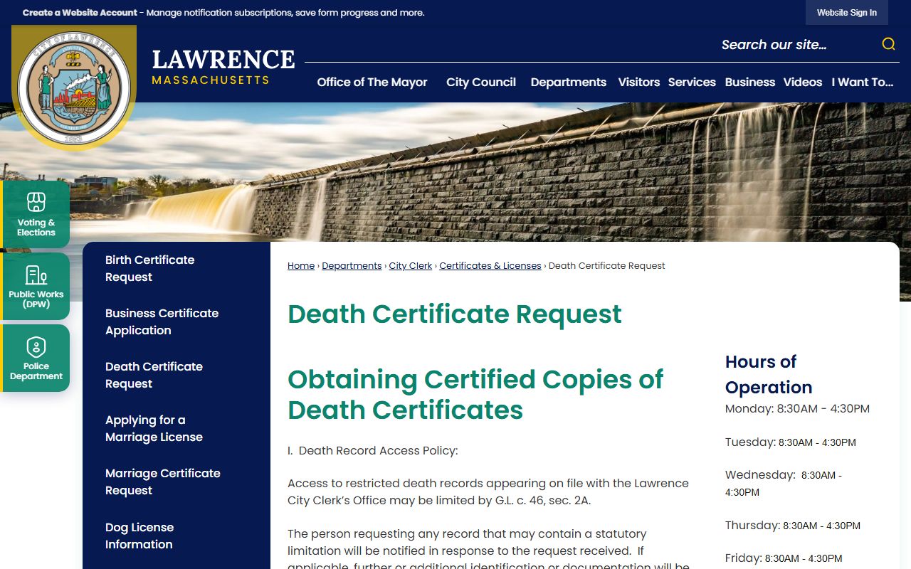 Lawrence City Clerk death certificate request page for obituary records
