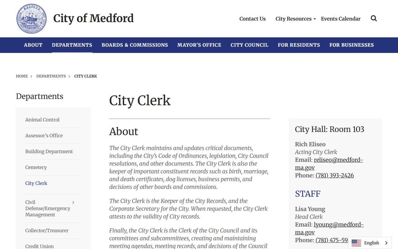 Medford City Clerk office page for obituary records and death certificates