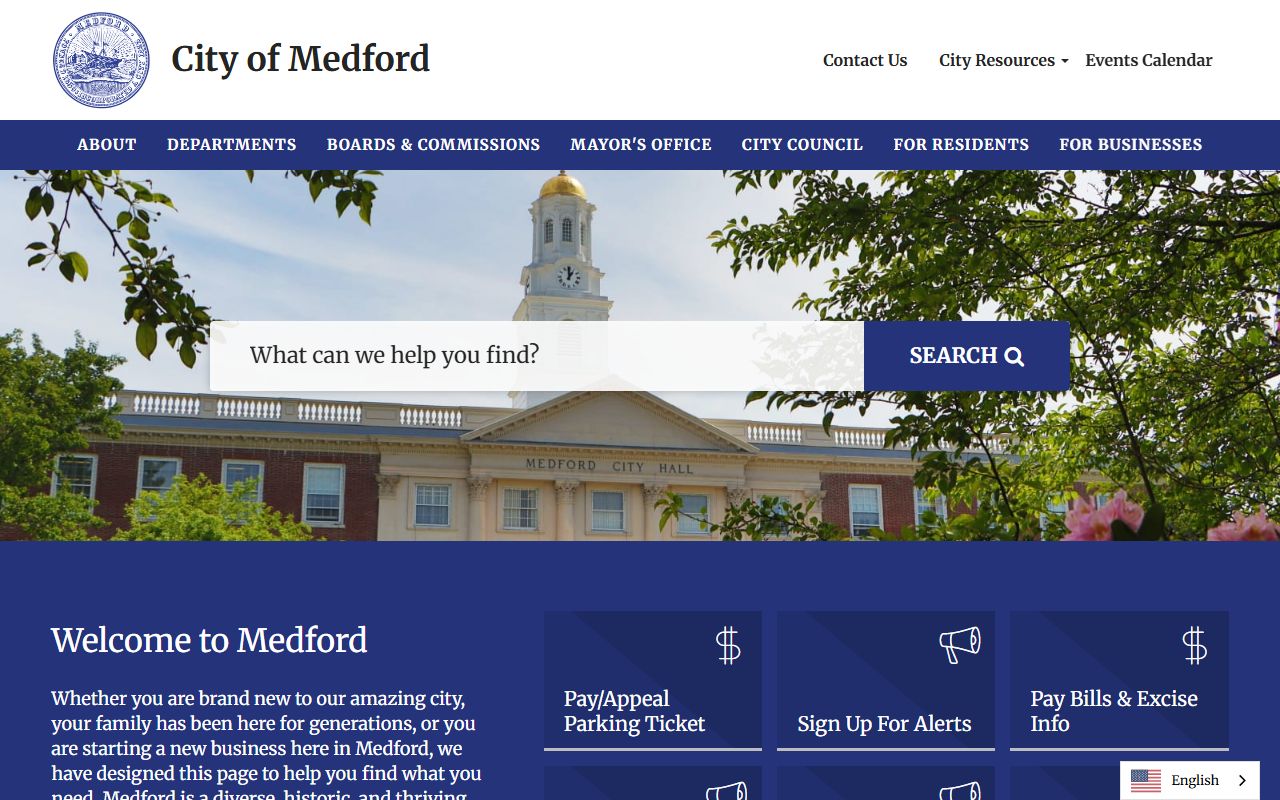Medford city website homepage for obituary record information