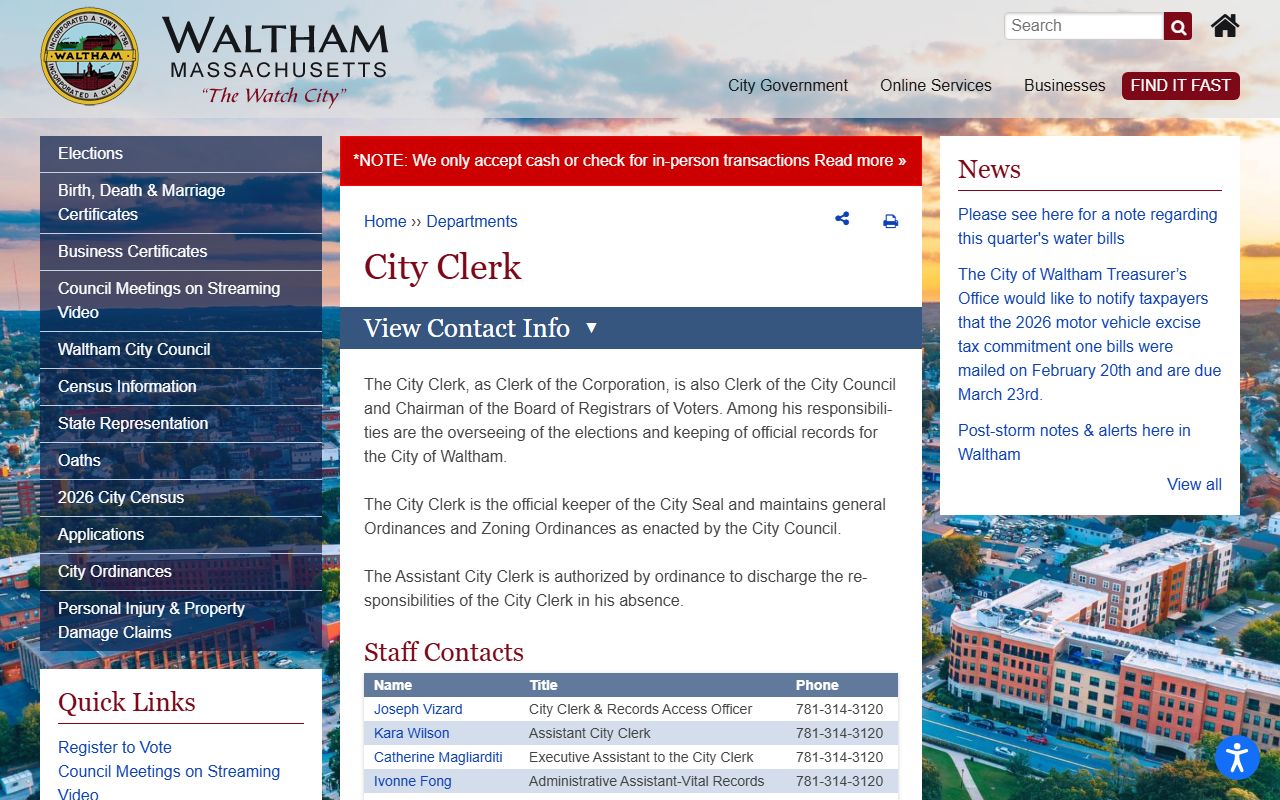 Waltham City Clerk office page for obituary records and death certificate requests