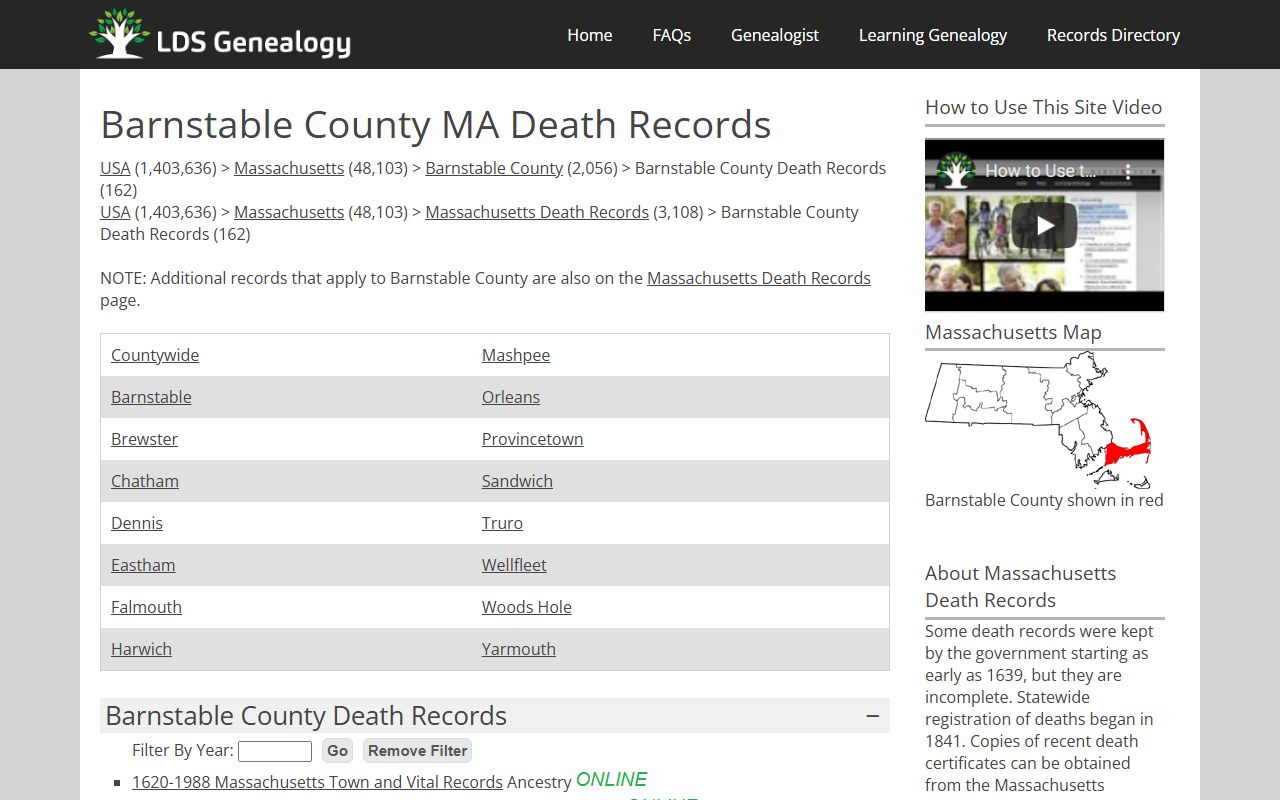 Barnstable County death records genealogy resources for obituary records