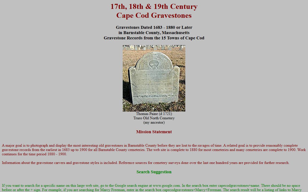 Cape Cod Gravestones cemetery records for Barnstable County obituary records