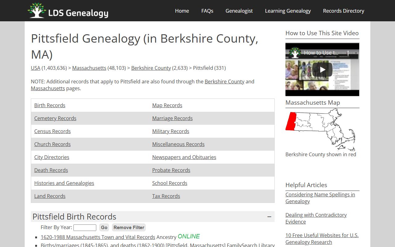 LDS Genealogy page for Pittsfield Berkshire County obituary records