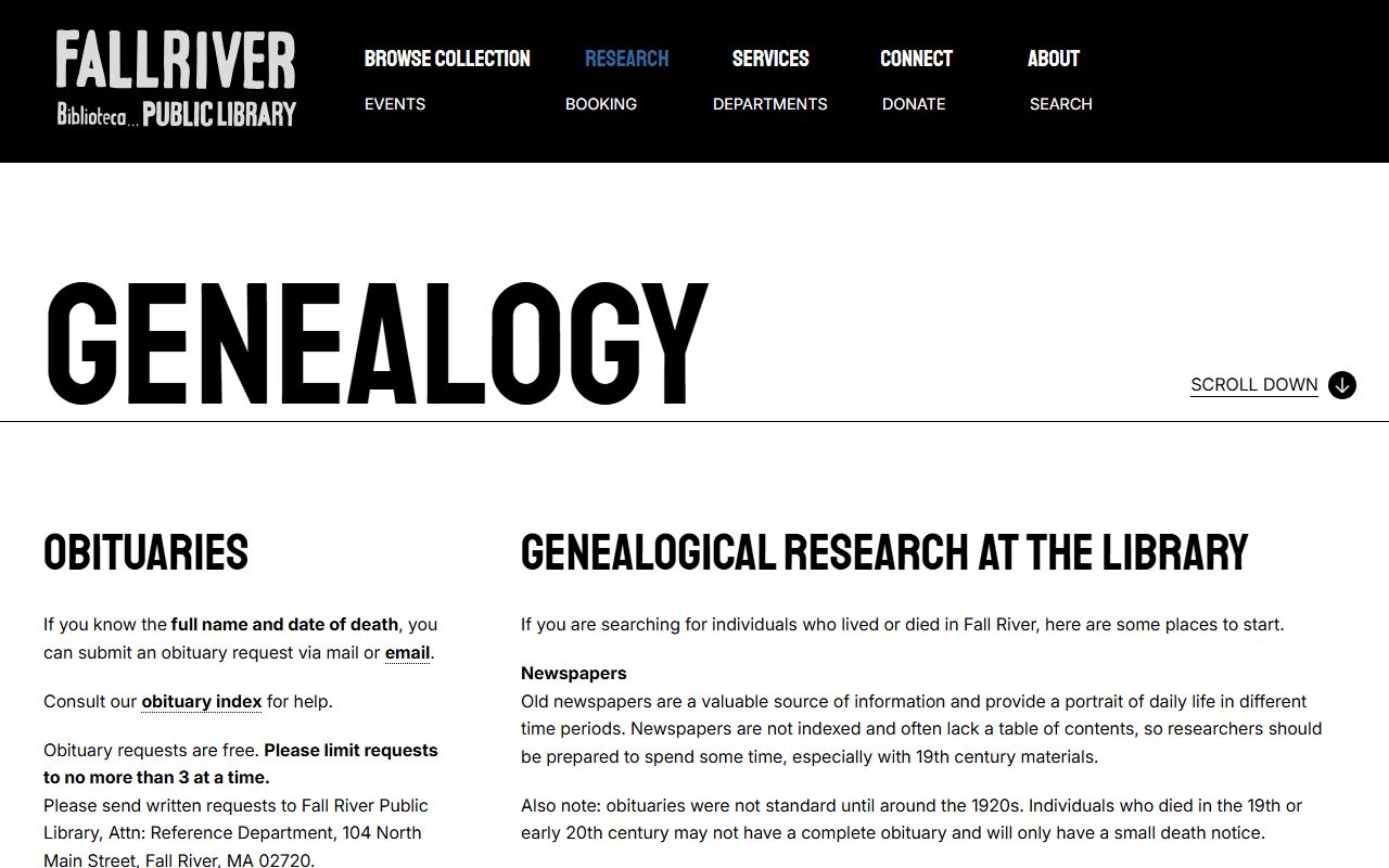Fall River Public Library genealogy room for Bristol County obituary records