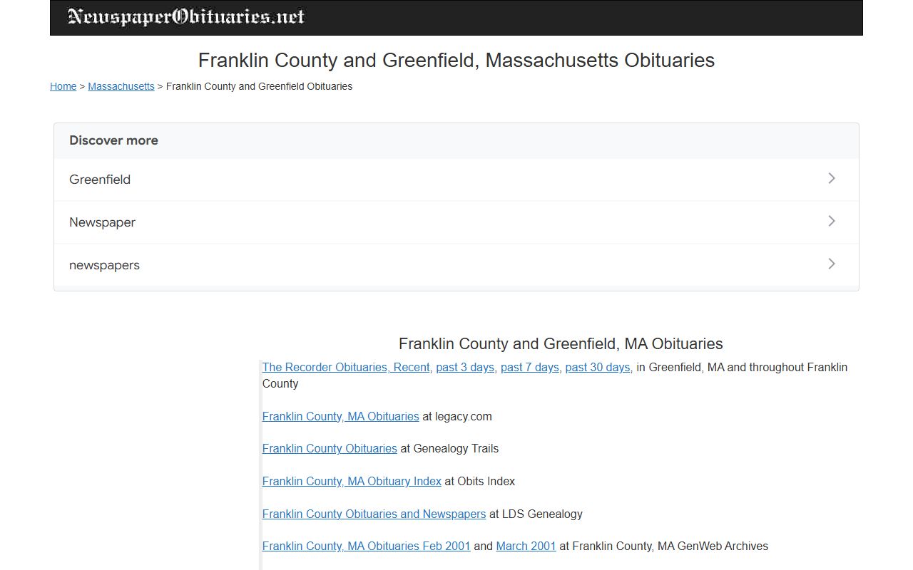 Franklin County newspaper obituaries search page