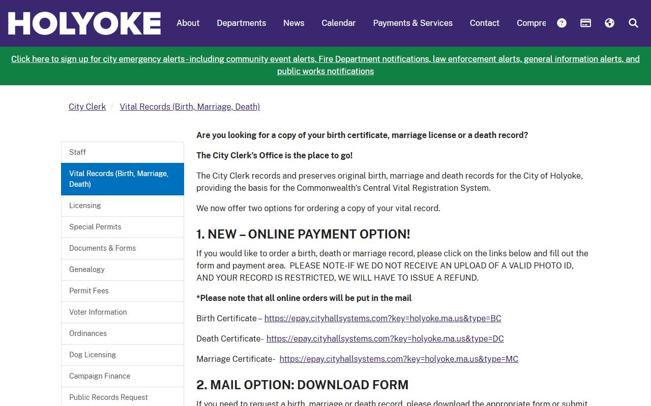 Holyoke City Clerk vital records page for Hampden County obituary records