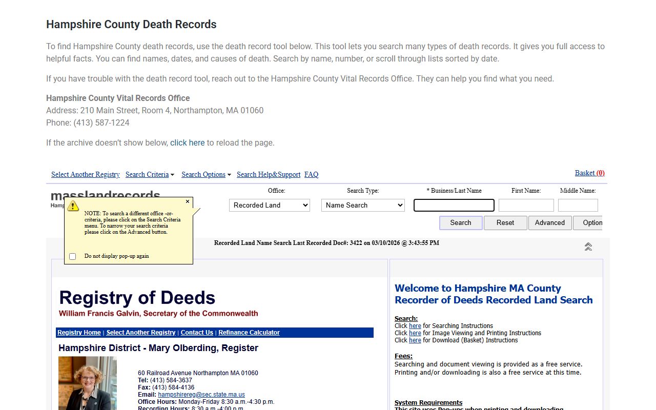 Hampshire County death records search for obituary records