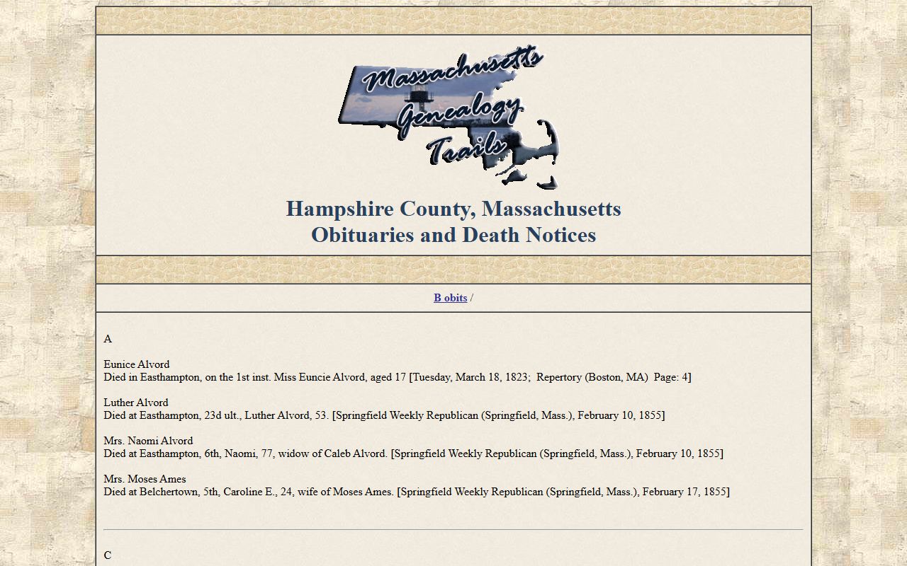 Hampshire County Genealogy Trails obituary records