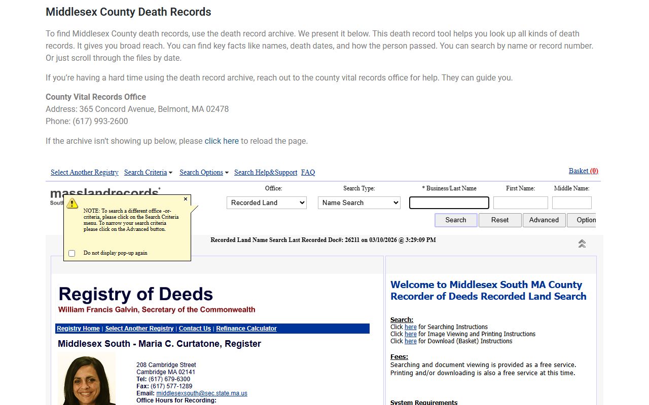 Middlesex County death records search for obituary records