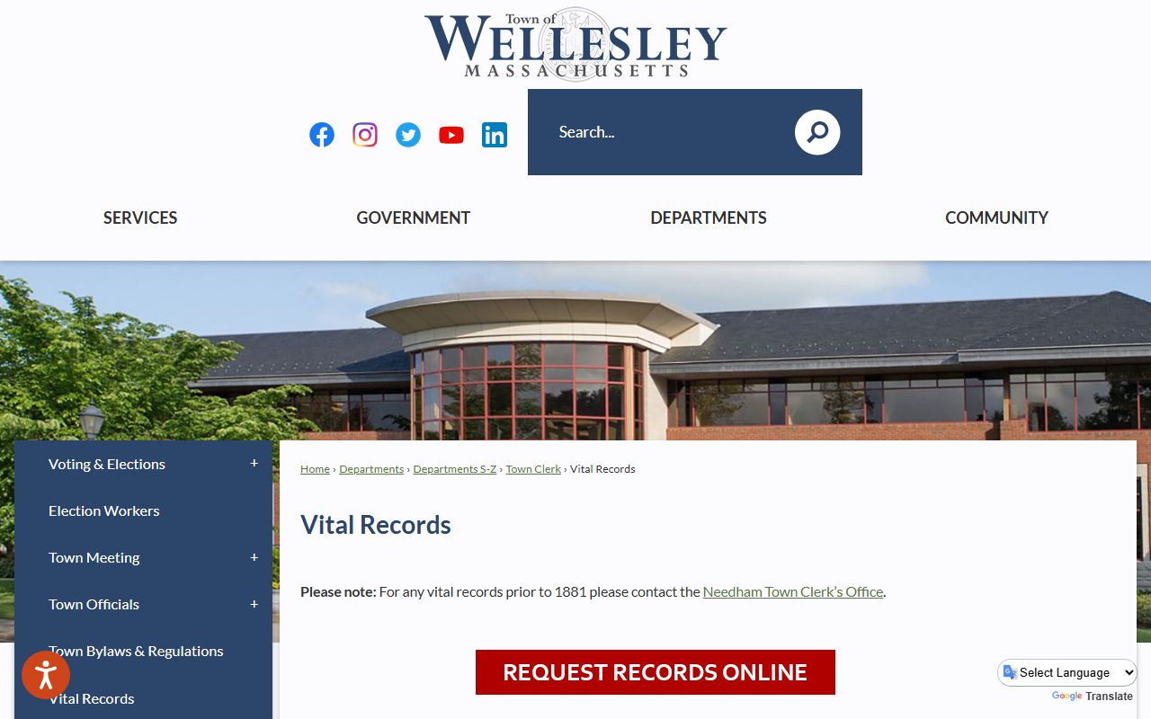 Wellesley Town Clerk vital records page for Norfolk County obituary records