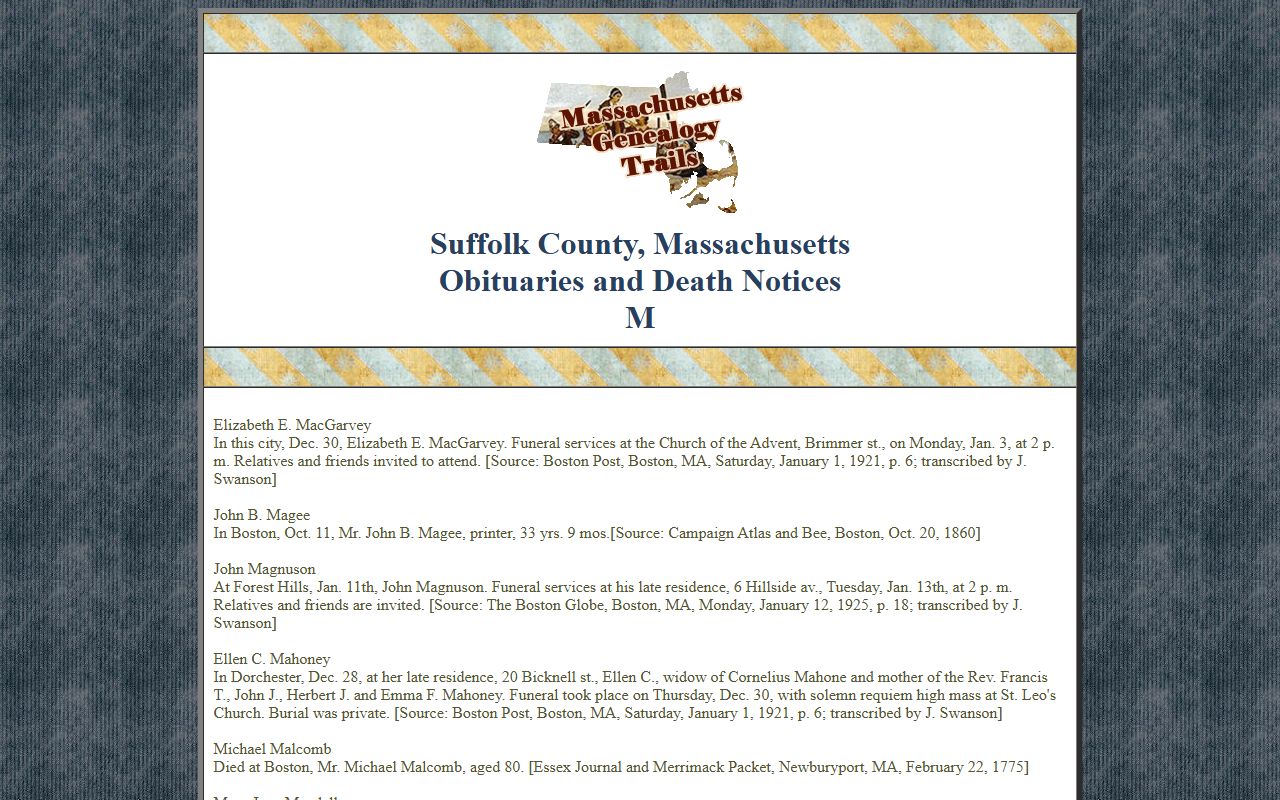Suffolk County Genealogy Trails obituary records