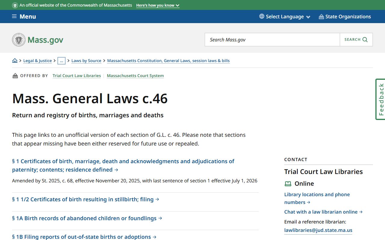 Massachusetts General Laws Chapter 46 obituary and vital records statutes