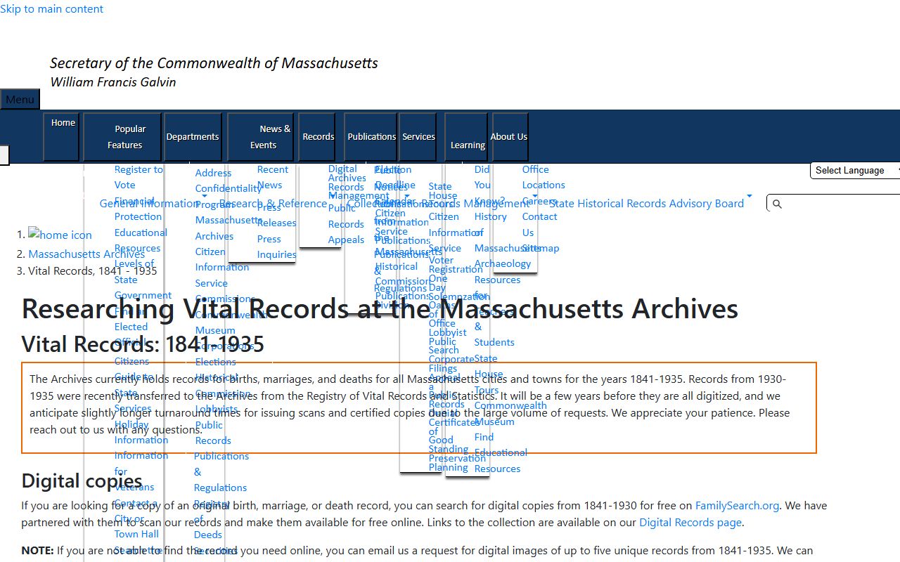 Massachusetts State Archives vital records page for obituary research